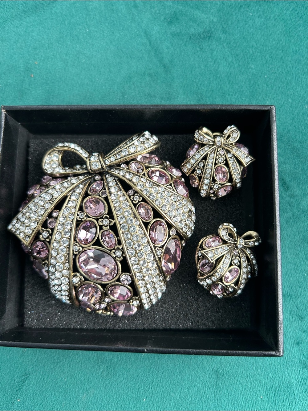 Heidi Daus Pink Crystal Bow Brooch and Clip-On Earrings Set